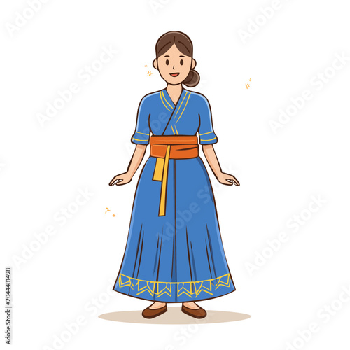 Woman in blue traditional dress with orange sash