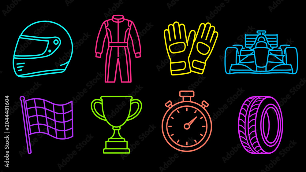 Fototapeta premium Collection of racing icons including a car, helmet, trophy, and checkered flag