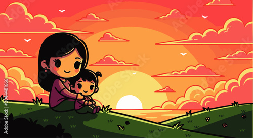 A cartoon mother and child sitting together on a grassy hill, watching a vibrant orange sunset over the horizon with fluffy clouds