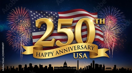250th happy anniversary usa 250 years american flag fireworks and national monuments silhouette celebration.