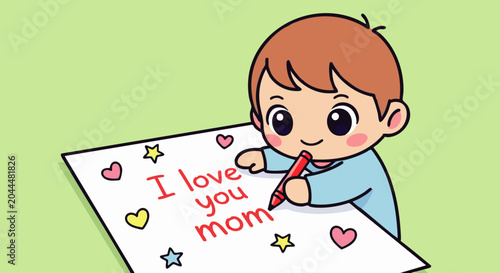 A cute cartoon toddler with brown hair wearing a blue shirt, a red i love you mom message on white paper with colorful hearts and stars