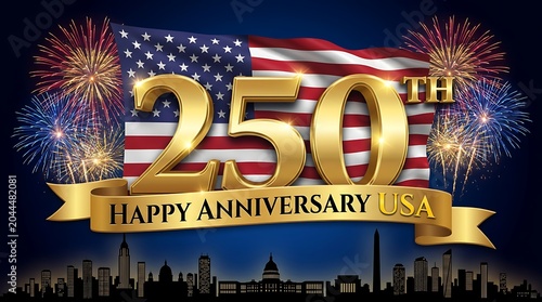 250th happy anniversary usa 250 years american flag fireworks and national monuments silhouette celebration.