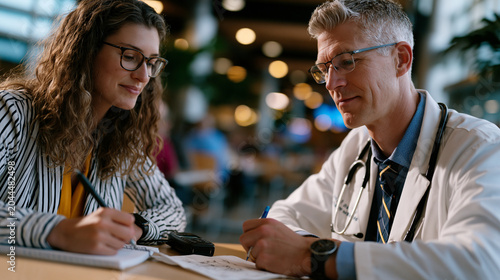 Science journalist sitting across a cafeteria table from a research immunologist at a public hospital, digital recorder between them, journalist scribbling shorthand while the scientist sketches a d