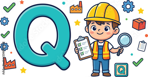 Cute Cartoon Quality Control Character Representing the Letter Q for Quality Control on Transparent Background
