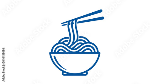 Blue noodle bowl with chopsticks icon on white background.