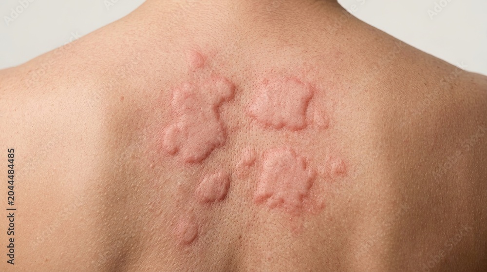 Fototapeta premium Acute urticaria wheals and large edematous hives on patient back