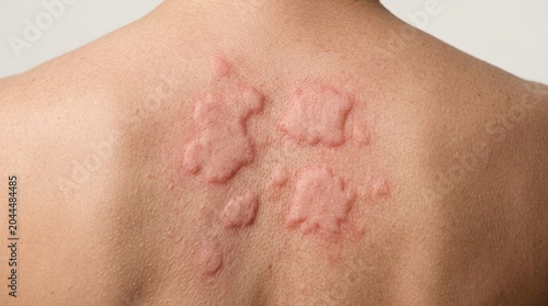 Acute urticaria wheals and large edematous hives on patient back