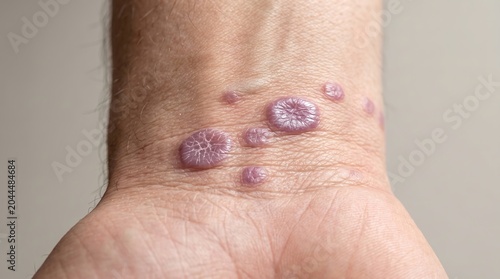Flat topped violaceous lichen planus papules on wrist flexor surface