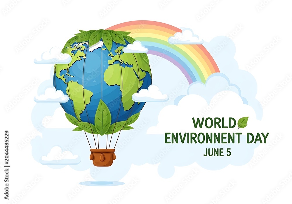 Fototapeta premium World Environment Day June 5 with Eco Earth Hot Air Balloon and Rainbow – Global Sustainability Illustration