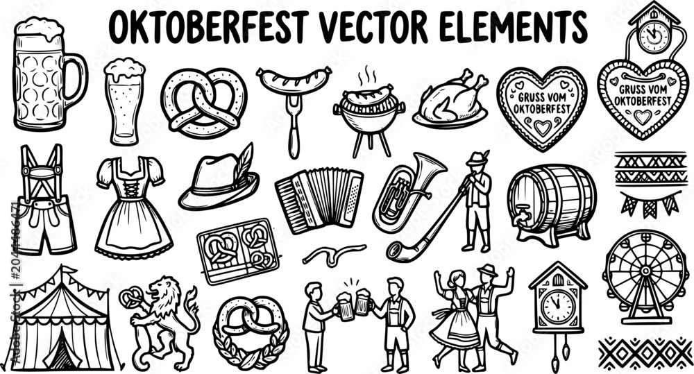 Naklejka premium Oktoberfest Vector Elements: Line Art Illustrations of Beer, Food, and German Culture