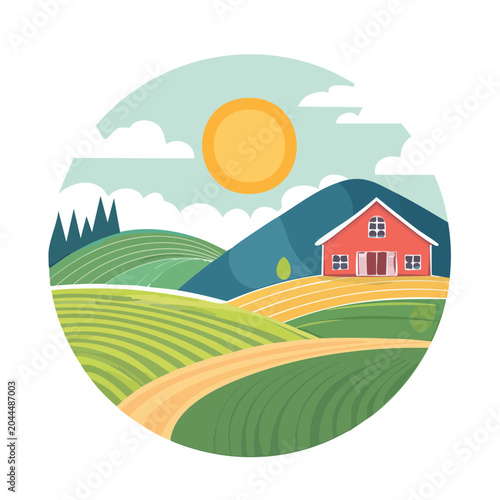 Flat design farm landscape with barn and rolling hills