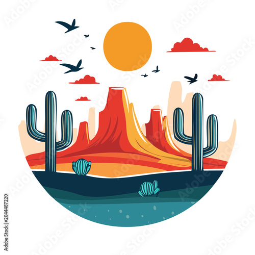 Stylized desert landscape with cacti, mountains, and sun