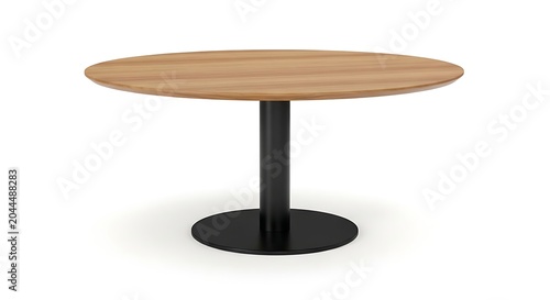 Modern round table with wooden top and black metal pedestal base