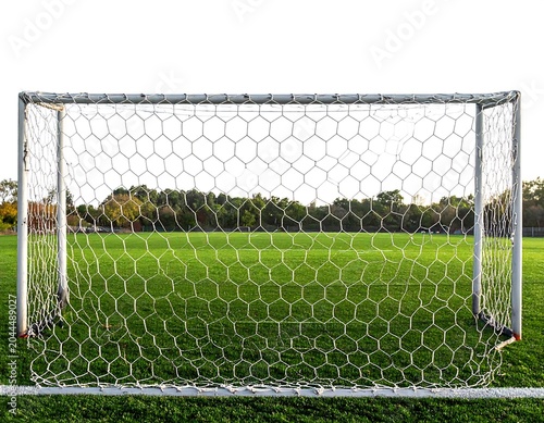 A soccer goal on a green field with a white background