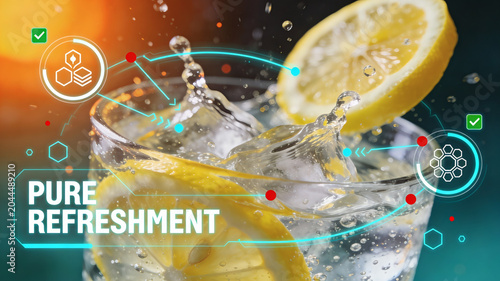 A Glass Of Sparkling Water With Ice Cubes Fresh Lemon Slices And Active Splashes Overlaid With Futuristic Digital Interface Elements And The Text Pure Refreshment