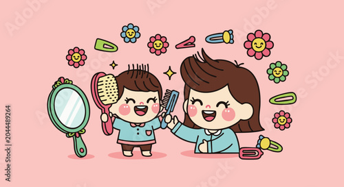 A smiling mother and child brushing hair together, surrounded by cute floral hair clips and a vintage hand mirror on a soft pink background