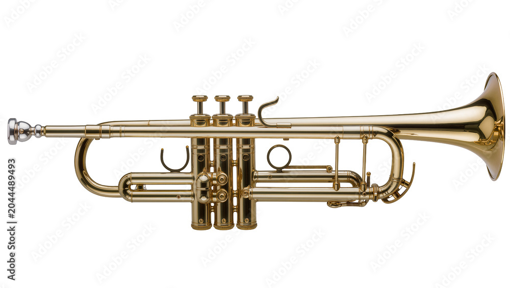 Obraz premium Brass trumpet musical instrument with valves and bell