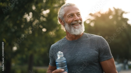 Smiling man holding water bottle outdoors