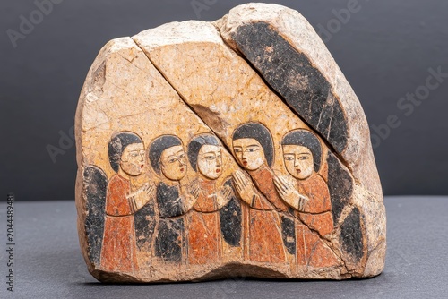 Ancient Pottery Fragment  Painted Figures in Reddish Orange Robes