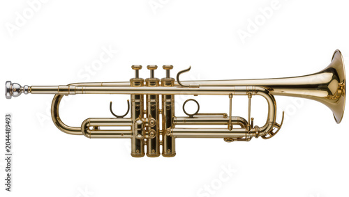 Brass trumpet musical instrument with valves and bell