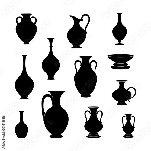 Photos Collection of antique ceramic vase silhouettes on white background