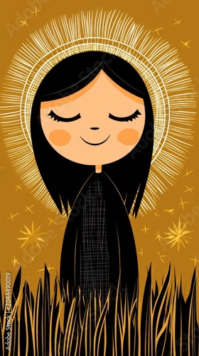 Serene Girl in Golden Field Peaceful Nighttime Illustration