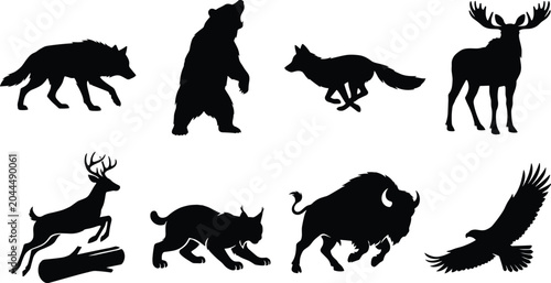 Photography Black wild animals silhouettes collection including wolf grizzly bear fox moose