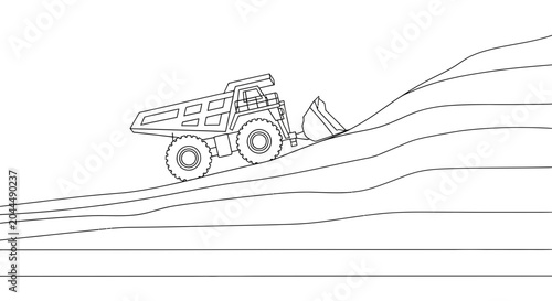 Fotografi Heavy-duty mining truck with shovel, moving earth on a contoured landscape, line