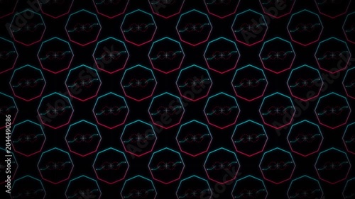 Neon hexagon pattern with glowing infinity symbols moving in a rhythmic digital animation loop for modern motion graphics background design
