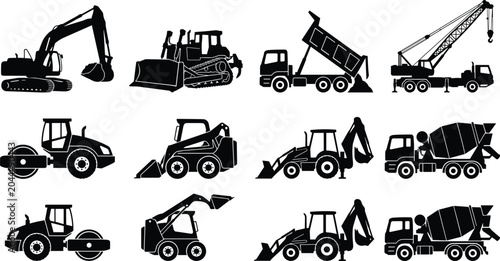 Collection of heavy construction machinery silhouettes featuring excavator bulldozer dump truck crane road roller backhoe and concrete mixer isolated on white background