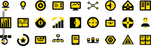 Bilde på lerret Premium black and gold duotone business transformation icon set featuring 27 bold filled icons covering innovation, strategy, growth, optimization, and process change
