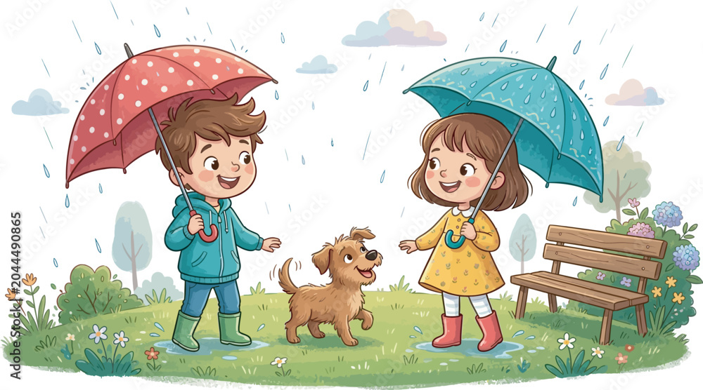 Fototapeta premium children with umbrellas in rainy scene dog