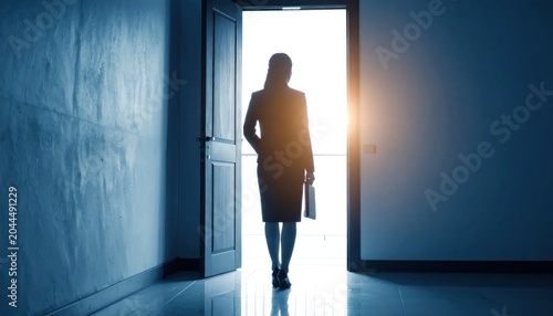 Silhouetted Businesswoman Standing in Bright Open Doorway of Dark Office Hallway