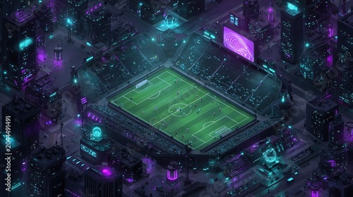A futuristic isometric virtual soccer field, a cyberpunk soccer field illuminated by neon lights, with holographic players moving across a green field with glowing grid lines, set in a high-tech arena