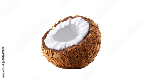 Fresh half coconut fruit with brown shell isolated on white background, a healthy tropical ingredient for exotic food and milk