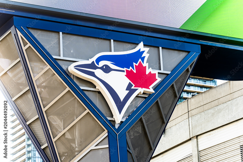 Obraz premium Toronto, Canada - May 26, 2026: Toronto Blue Jays Logo Displayed at Rogers Centre Entrance