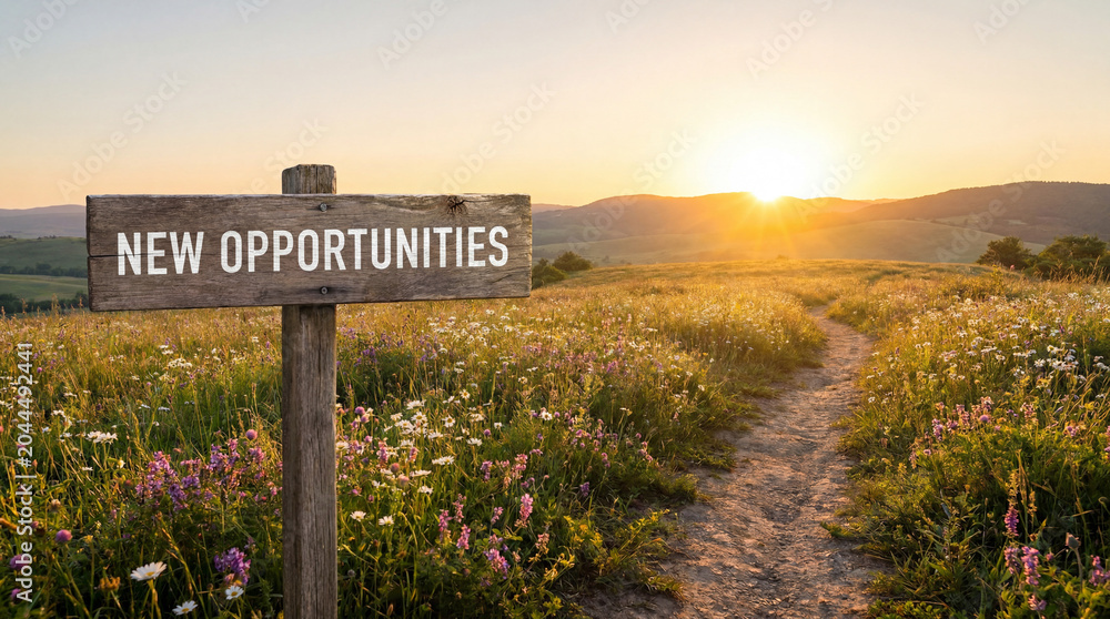 Fototapeta premium Wooden signpost with new opportunities text directing a path across a blooming meadow towards a vivid sunset