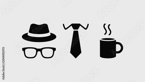 Foto Fedora hat eyeglasses and steaming coffee mug icons collection for modern office workers