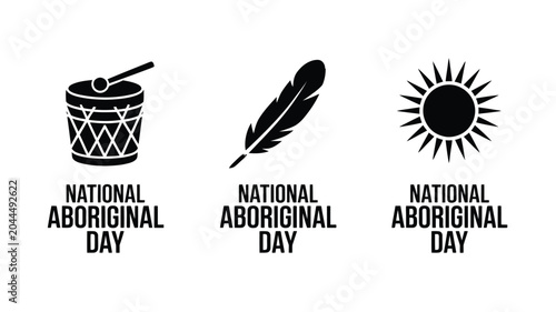 National aboriginal day vector icons for celebration and awareness with drum, feather, sun.