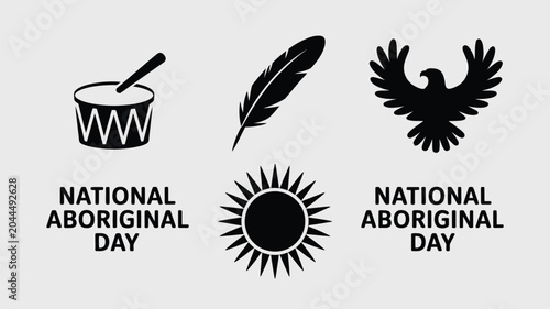 National aboriginal day vector icons for celebration and awareness with drum, feather, eagle, sun.