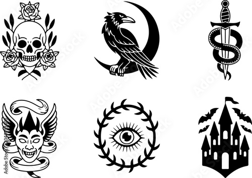 Mystical Tattoo Symbols Collection – Celestial Eyes, Moon, Sword, Moth & Sacred Sigils