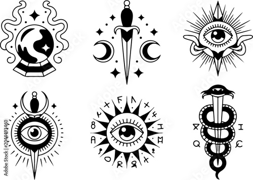 Mystical Tattoo Symbols Collection – Celestial Eyes, Moon, Sword, Moth & Sacred Sigils