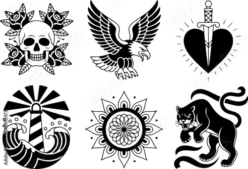 Mystical Tattoo Symbols Collection – Celestial Eyes, Moon, Sword, Moth & Sacred Sigils