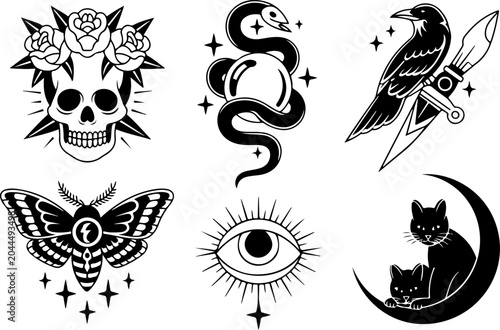 Mystical Tattoo Symbols Collection – Celestial Eyes, Moon, Sword, Moth & Sacred Sigils