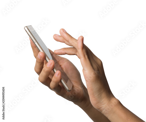 Fotografie Hands holding smartphone isolated PNG on transparent background, scrolling mobil