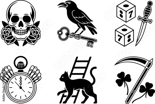 Mystical Tattoo Symbols Collection – Celestial Eyes, Moon, Sword, Moth & Sacred Sigils