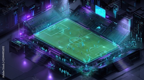 A futuristic isometric virtual soccer field, a cyberpunk soccer field illuminated by neon lights, with holographic players moving across a green field with glowing grid lines, set in a high-tech arena