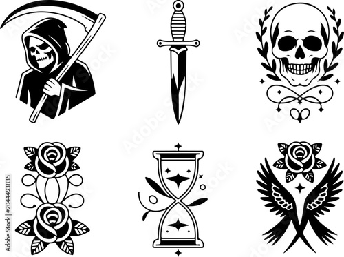 Mystical Tattoo Symbols Collection – Celestial Eyes, Moon, Sword, Moth & Sacred Sigils