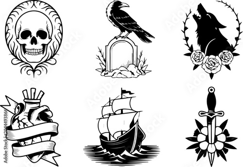 Mystical Tattoo Symbols Collection – Celestial Eyes, Moon, Sword, Moth & Sacred Sigils