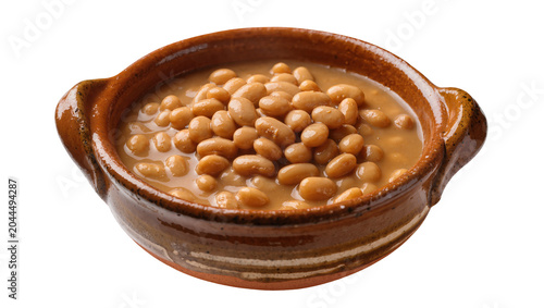 Fotografi Baked beans in rustic earthenware bowl with handles
